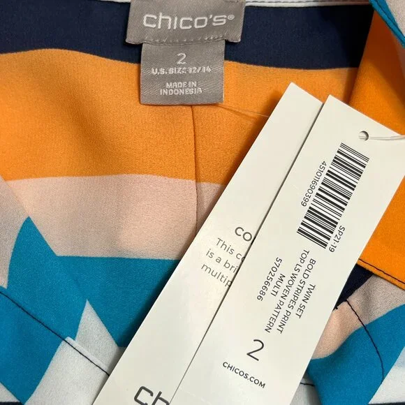 NWT Chico's Women's Top Button Down Shirt Colorful Stripes Long Sleeve Size 14 - Picture 3 of 7